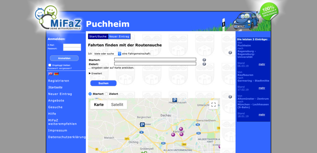 Screenshot des regionalen MiFaZ-Portals der Gemeinde Puchheim